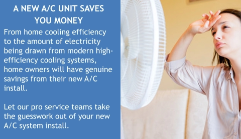 A NEW A/C UNIT SAVES YOU MONEY From home cooling efficiency to the amount of electricity being drawn from modern high-efficiency cooling systems, home owners will have genuine savings from their new A/C install.  Let our pro service teams take the guesswork out of your new A/C system install.